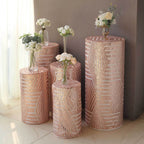 Set of 5 Rose Gold Sequin Mesh Cylinder Pedestal Stand Covers with Geometric Pattern Embroidery, Sparkly Sheer Tulle Pillar Prop Covers - Bell Racket Store