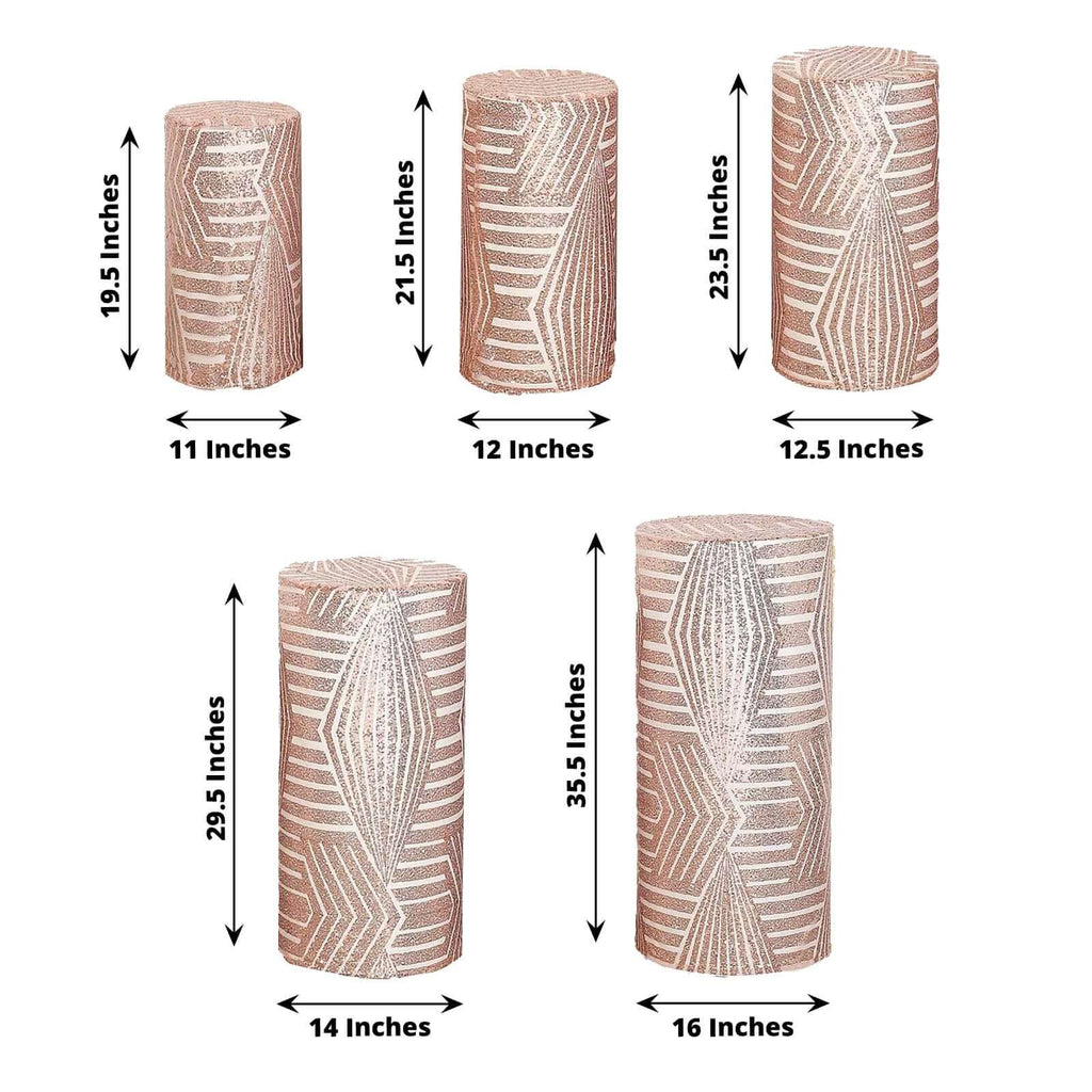 Set of 5 Rose Gold Sequin Mesh Cylinder Pedestal Stand Covers with Geometric Pattern Embroidery, Sparkly Sheer Tulle Pillar Prop Covers - Bell Racket Store