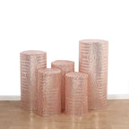 Set of 5 Rose Gold Sequin Mesh Cylinder Pedestal Stand Covers with Geometric Pattern Embroidery, Sparkly Sheer Tulle Pillar Prop Covers - Bell Racket Store