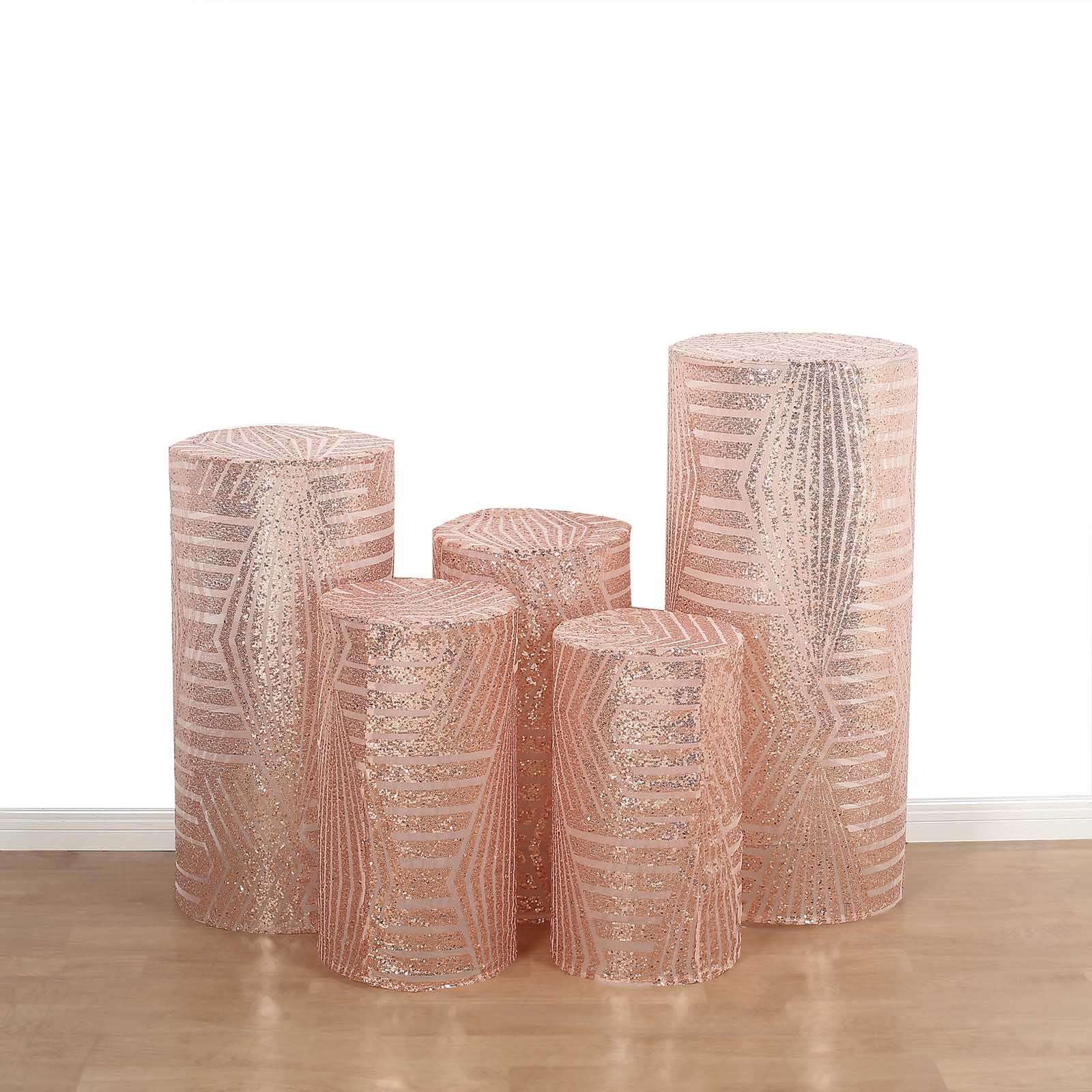 Set of 5 Rose Gold Sequin Mesh Cylinder Pedestal Stand Covers with Geometric Pattern Embroidery, Sparkly Sheer Tulle Pillar Prop Covers - Bell Racket Store