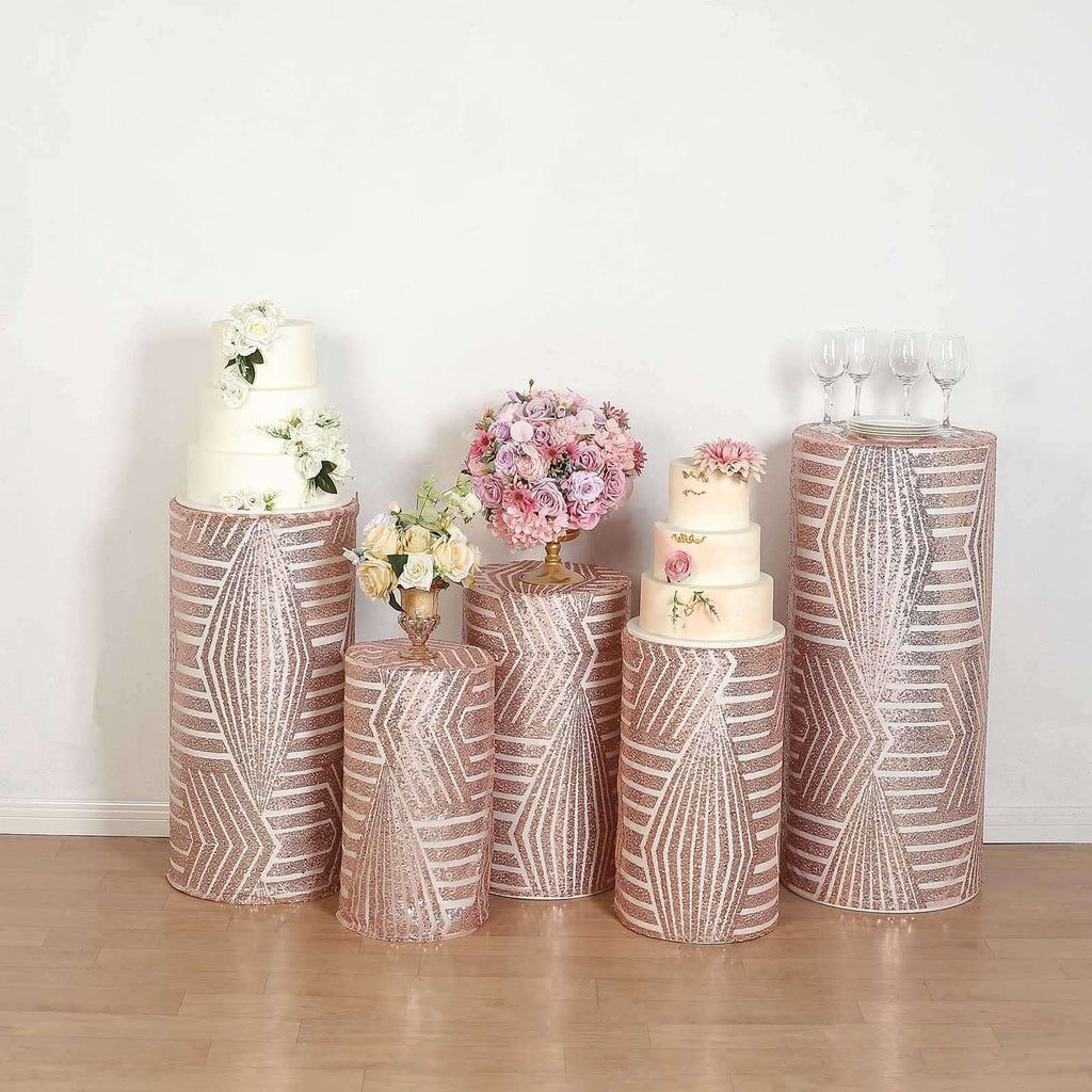 Set of 5 Rose Gold Sequin Mesh Cylinder Pedestal Stand Covers with Geometric Pattern Embroidery, Sparkly Sheer Tulle Pillar Prop Covers - Bell Racket Store