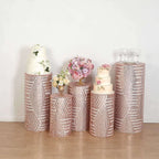 Set of 5 Rose Gold Sequin Mesh Cylinder Pedestal Stand Covers with Geometric Pattern Embroidery, Sparkly Sheer Tulle Pillar Prop Covers - Bell Racket Store