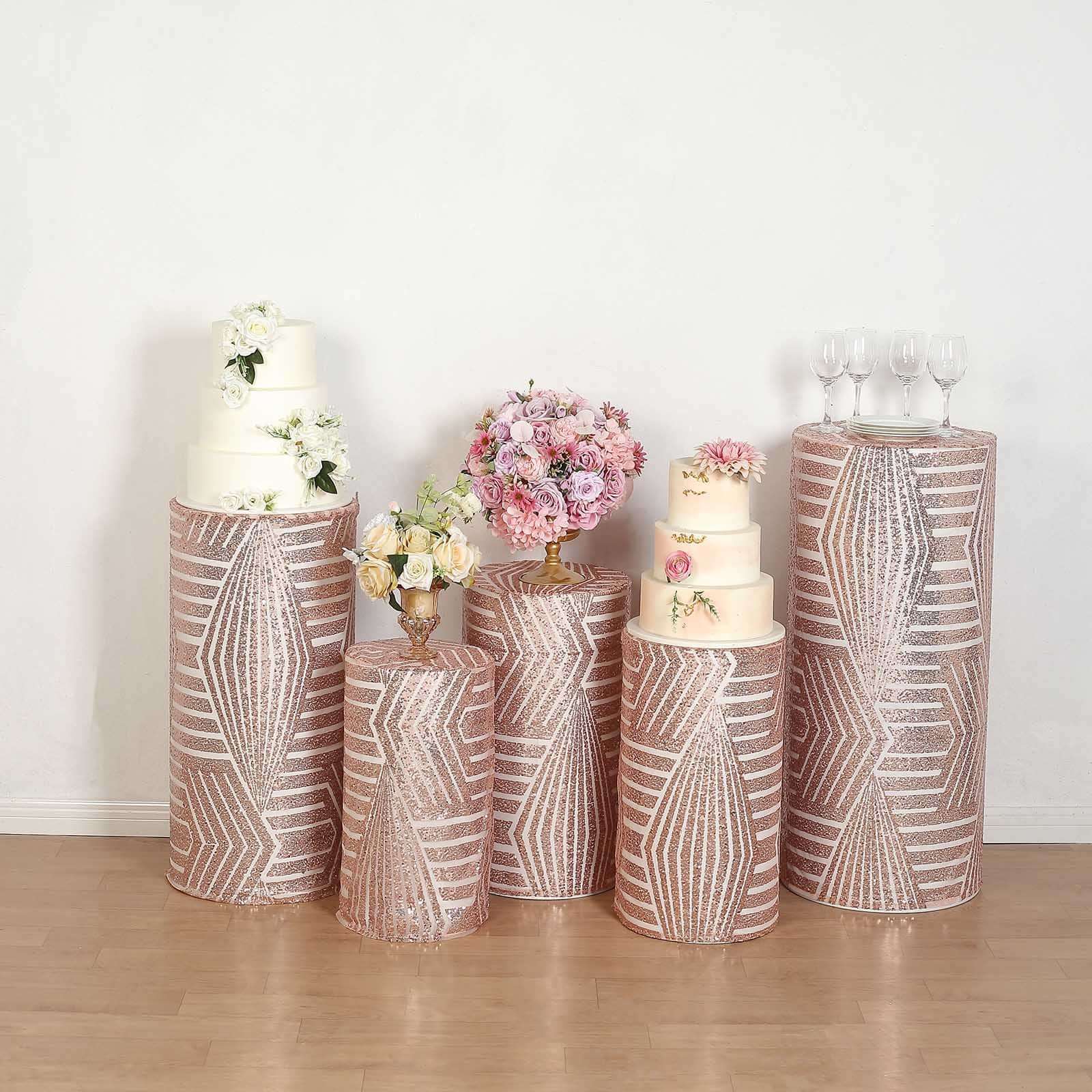 Set of 5 Rose Gold Sequin Mesh Cylinder Pedestal Stand Covers with Geometric Pattern Embroidery, Sparkly Sheer Tulle Pillar Prop Covers - Bell Racket Store