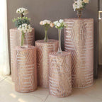 Set of 5 Rose Gold Sequin Mesh Cylinder Pedestal Stand Covers with Geometric Pattern Embroidery, Sparkly Sheer Tulle Pillar Prop Covers - Bell Racket Store