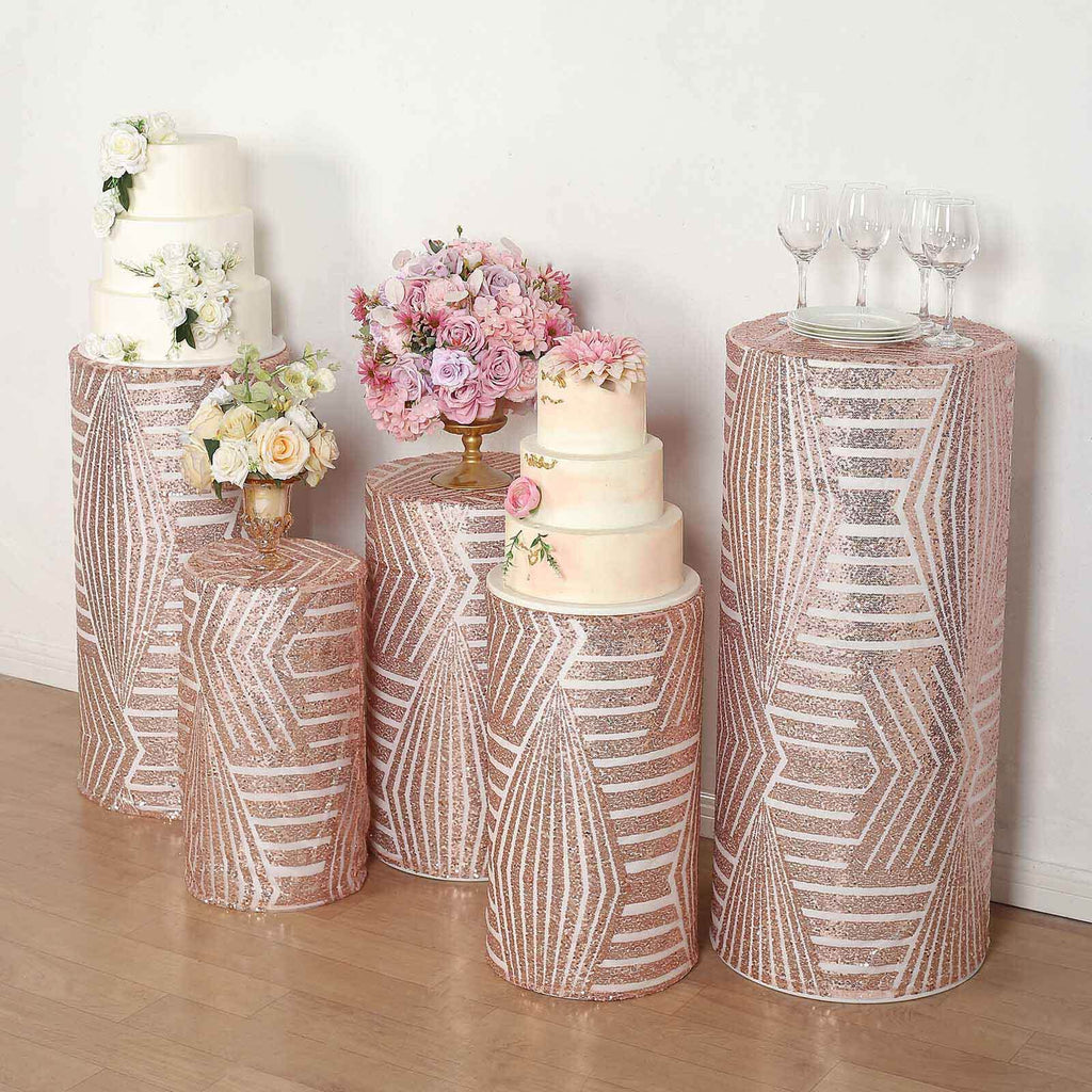 Set of 5 Rose Gold Sequin Mesh Cylinder Pedestal Stand Covers with Geometric Pattern Embroidery, Sparkly Sheer Tulle Pillar Prop Covers - Bell Racket Store