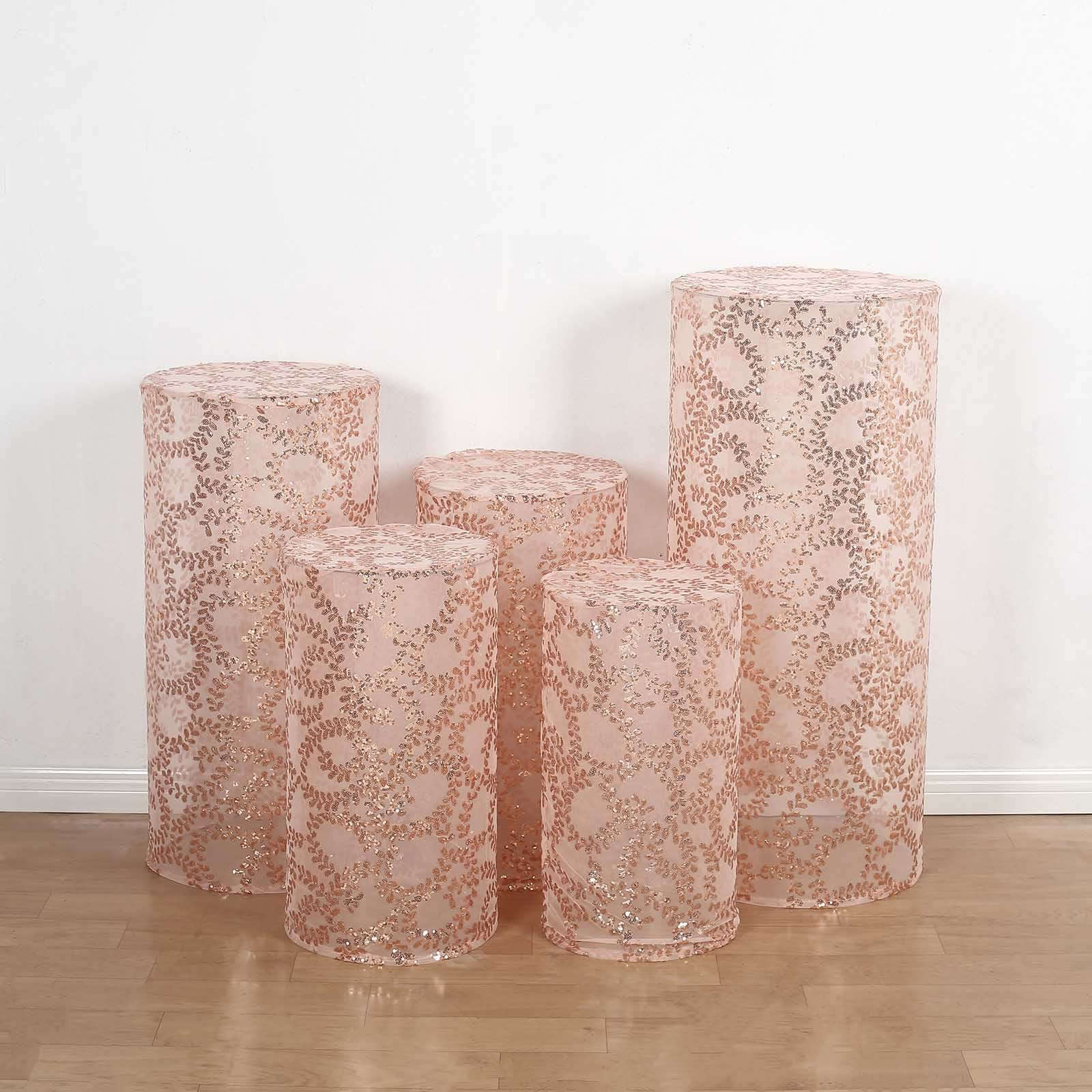 Set of 5 Rose Gold Sequin Mesh Cylinder Pedestal Stand Covers with Leaf Vine Embroidery, Sparkly Sheer Tulle Pillar Prop Covers - Bell Racket Store