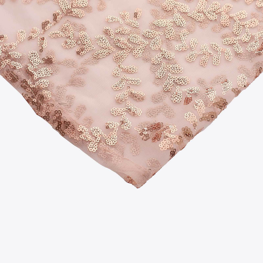 Set of 5 Rose Gold Sequin Mesh Cylinder Pedestal Stand Covers with Leaf Vine Embroidery, Sparkly Sheer Tulle Pillar Prop Covers - Bell Racket Store