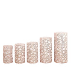 Set of 5 Rose Gold Sequin Mesh Cylinder Pedestal Stand Covers with Leaf Vine Embroidery, Sparkly Sheer Tulle Pillar Prop Covers - Bell Racket Store