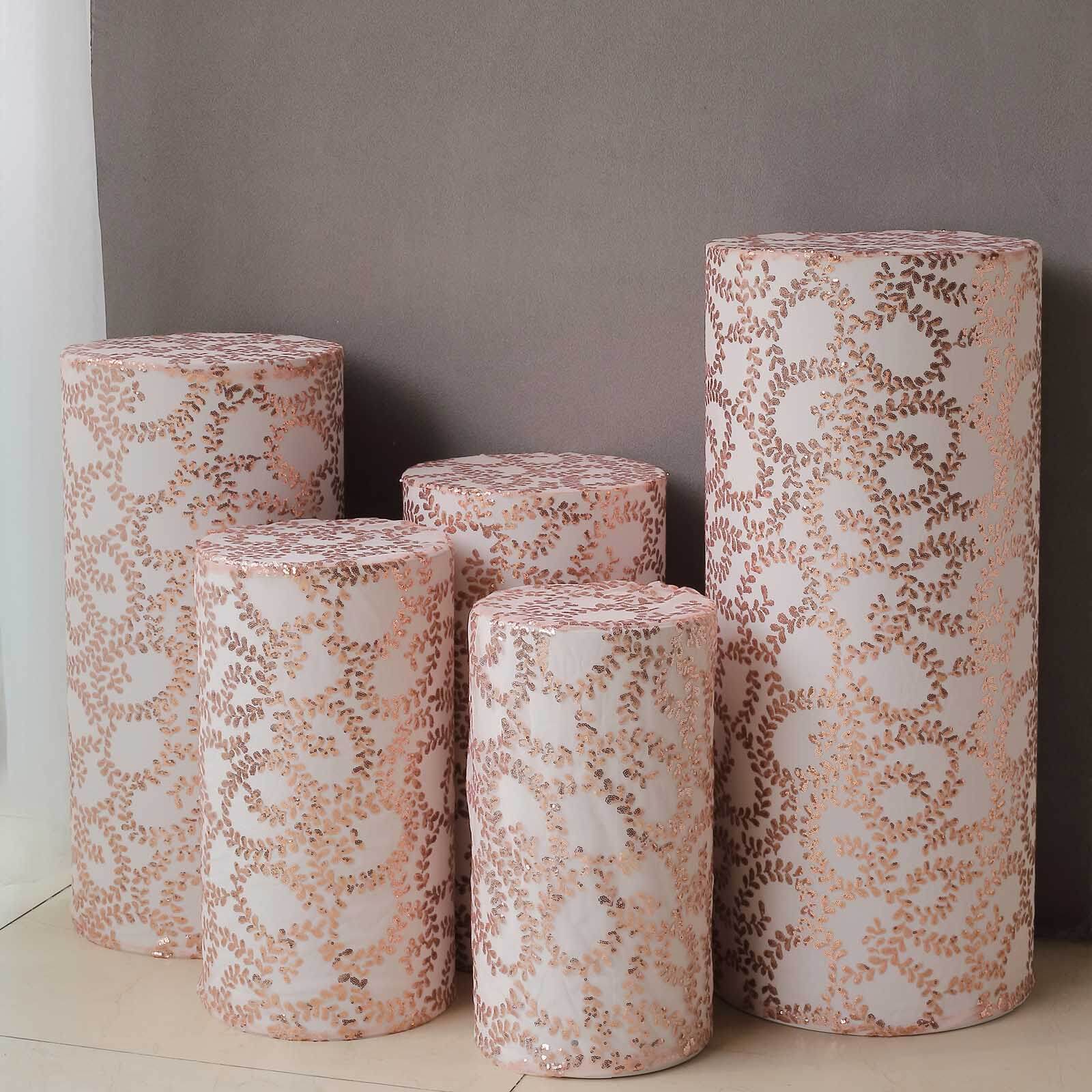 Set of 5 Rose Gold Sequin Mesh Cylinder Pedestal Stand Covers with Leaf Vine Embroidery, Sparkly Sheer Tulle Pillar Prop Covers - Bell Racket Store