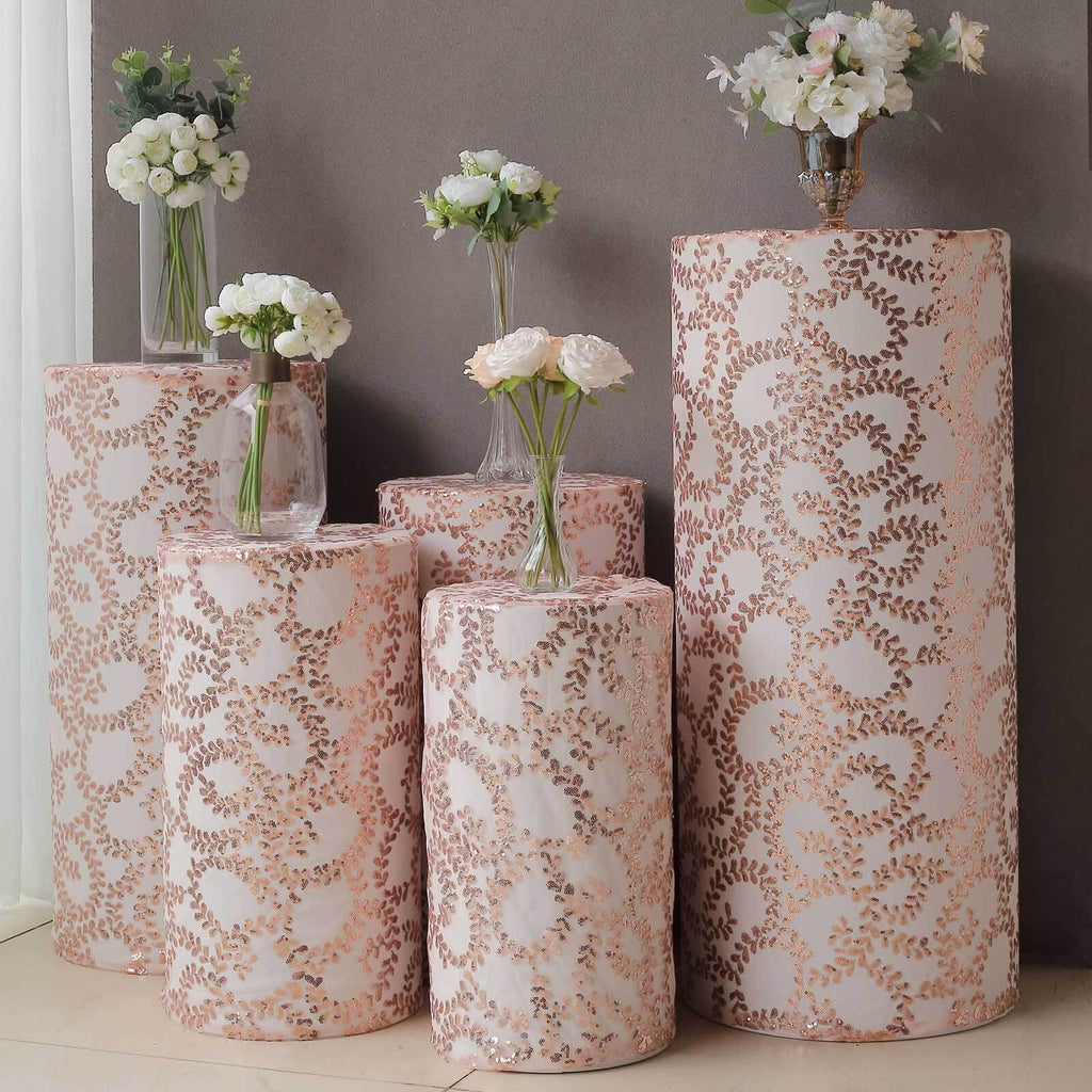 Set of 5 Rose Gold Sequin Mesh Cylinder Pedestal Stand Covers with Leaf Vine Embroidery, Sparkly Sheer Tulle Pillar Prop Covers - Bell Racket Store