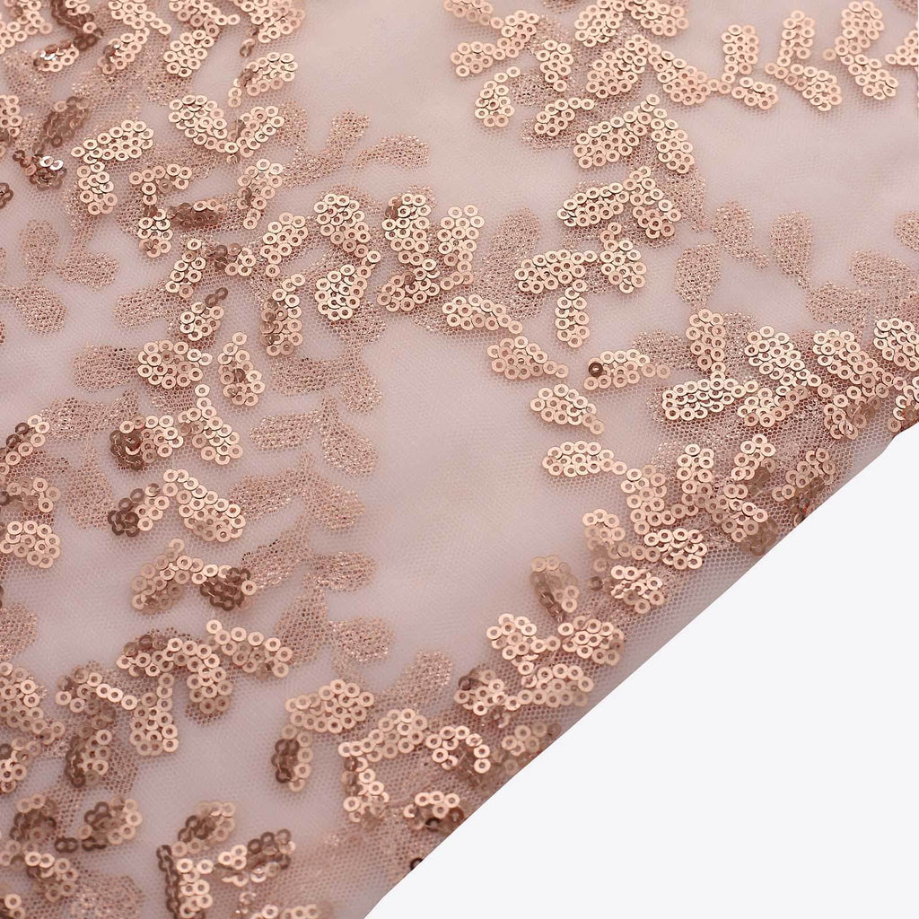 Set of 5 Rose Gold Sequin Mesh Cylinder Pedestal Stand Covers with Leaf Vine Embroidery, Sparkly Sheer Tulle Pillar Prop Covers - Bell Racket Store
