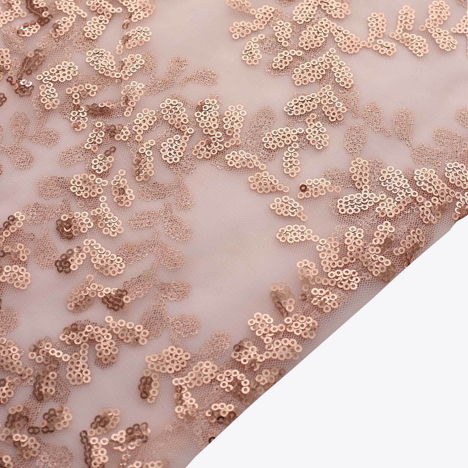 Set of 5 Rose Gold Sequin Mesh Cylinder Pedestal Stand Covers with Leaf Vine Embroidery, Sparkly Sheer Tulle Pillar Prop Covers - Bell Racket Store