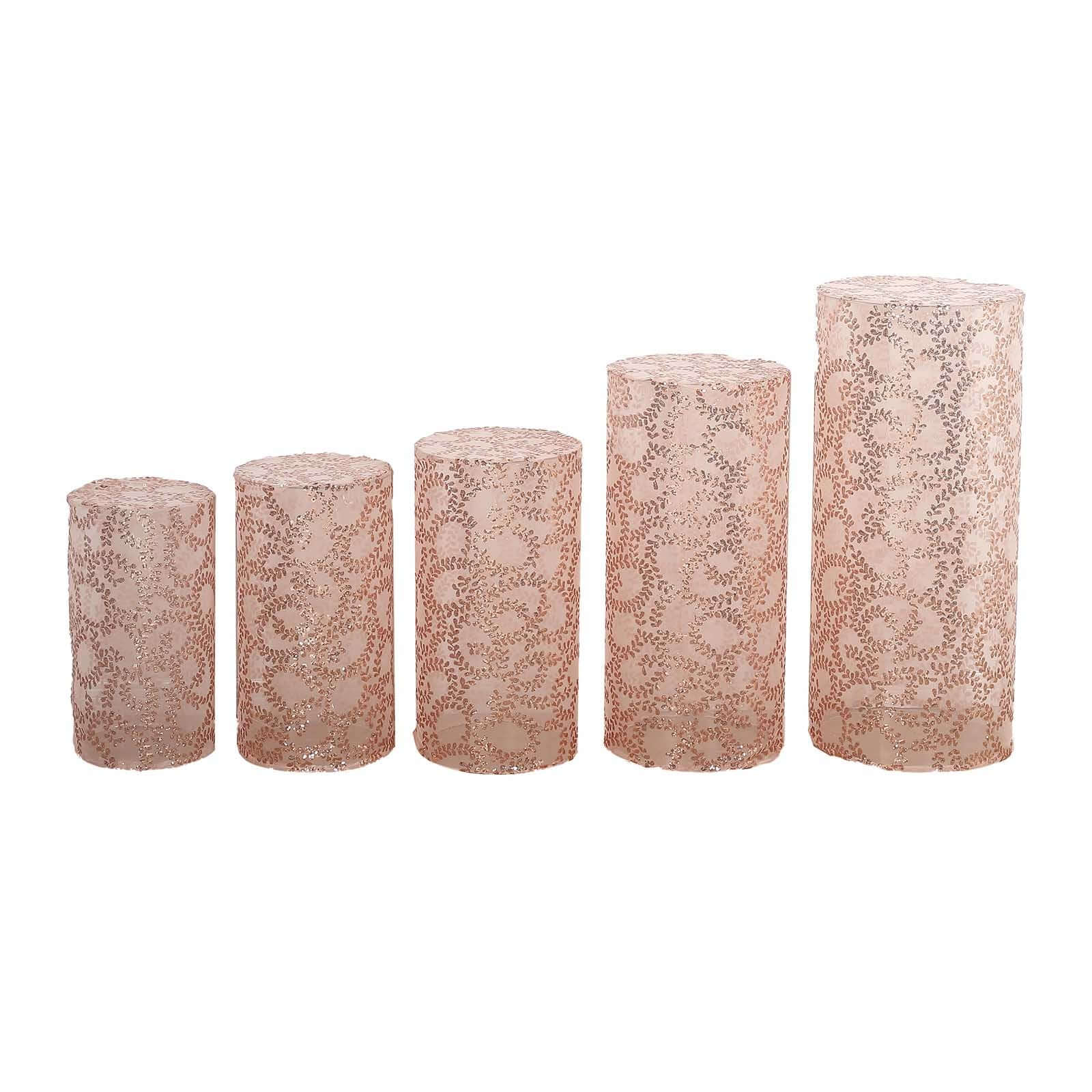 Set of 5 Rose Gold Sequin Mesh Cylinder Pedestal Stand Covers with Leaf Vine Embroidery, Sparkly Sheer Tulle Pillar Prop Covers - Bell Racket Store