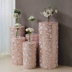 Set of 5 Rose Gold Sequin Mesh Cylinder Pedestal Stand Covers with Leaf Vine Embroidery, Sparkly Sheer Tulle Pillar Prop Covers - Bell Racket Store