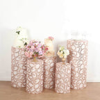 Set of 5 Rose Gold Sequin Mesh Cylinder Pedestal Stand Covers with Leaf Vine Embroidery, Sparkly Sheer Tulle Pillar Prop Covers - Bell Racket Store