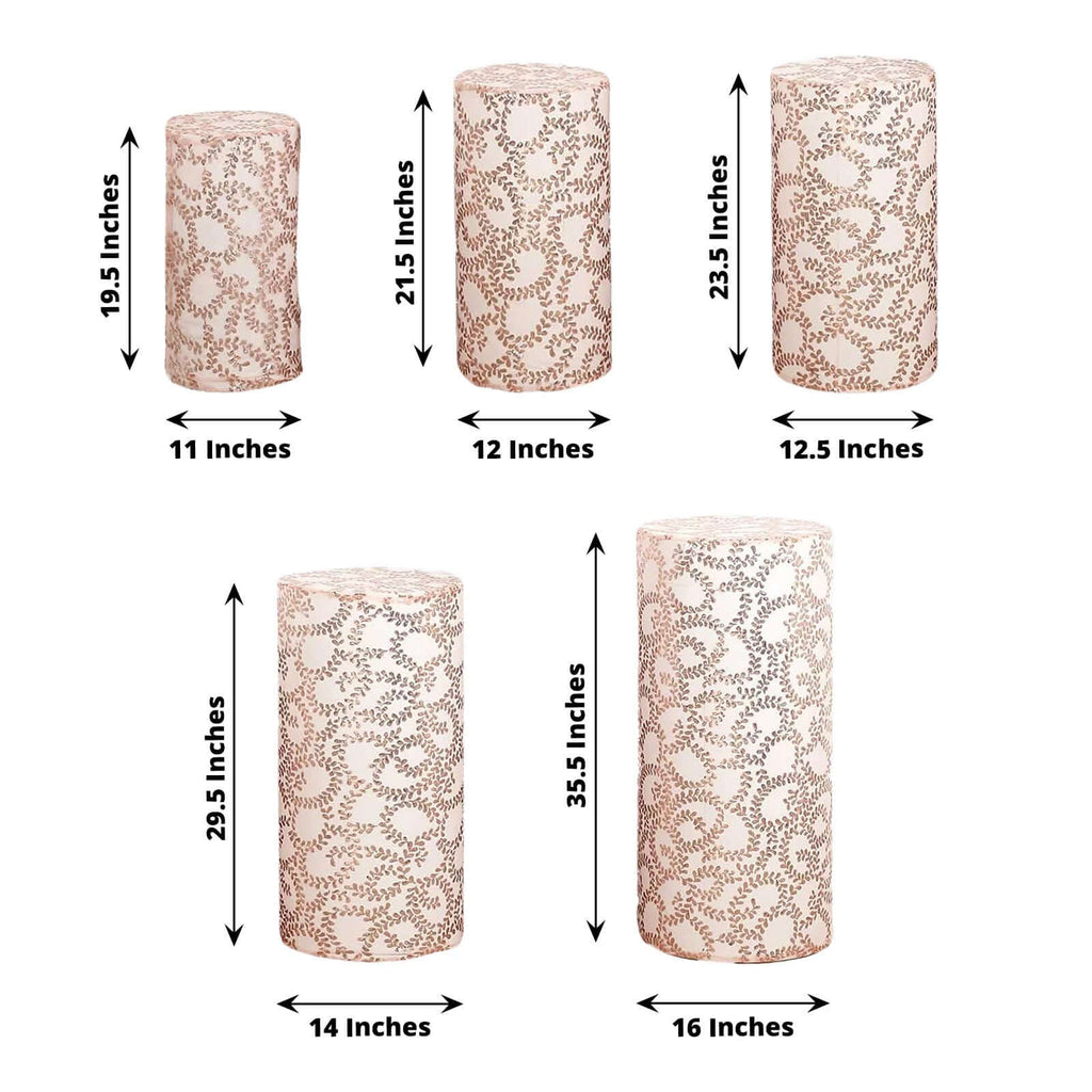 Set of 5 Rose Gold Sequin Mesh Cylinder Pedestal Stand Covers with Leaf Vine Embroidery, Sparkly Sheer Tulle Pillar Prop Covers - Bell Racket Store