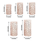 Set of 5 Rose Gold Sequin Mesh Cylinder Pedestal Stand Covers with Leaf Vine Embroidery, Sparkly Sheer Tulle Pillar Prop Covers - Bell Racket Store