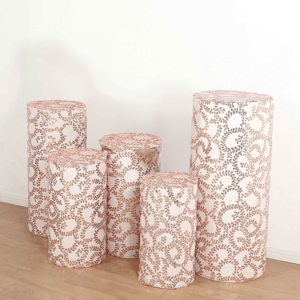 Set of 5 Rose Gold Sequin Mesh Cylinder Pedestal Stand Covers with Leaf Vine Embroidery, Sparkly Sheer Tulle Pillar Prop Covers - Bell Racket Store