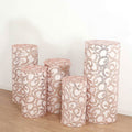Set of 5 Rose Gold Sequin Mesh Cylinder Pedestal Stand Covers with Leaf Vine Embroidery, Sparkly Sheer Tulle Pillar Prop Covers - Bell Racket Store