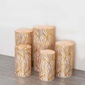 Set of 5 Rose Gold Wave Mesh Cylinder Pedestal Stand Covers with Embroidered Sequins, Pillar Prop Covers - 160 GSM - Bell Racket Store