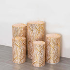 Set of 5 Rose Gold Wave Mesh Cylinder Pedestal Stand Covers with Embroidered Sequins, Pillar Prop Covers - 160 GSM - Bell Racket Store