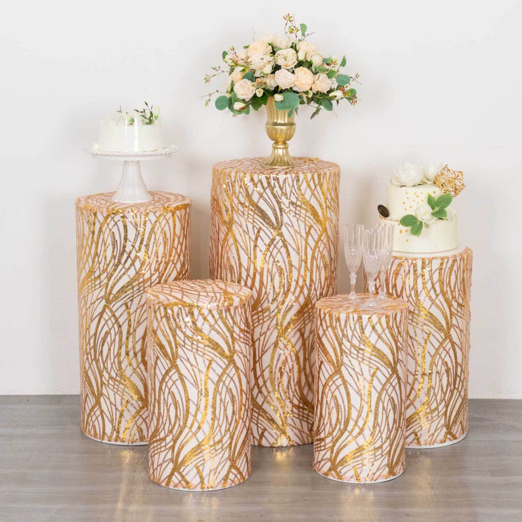 Set of 5 Rose Gold Wave Mesh Cylinder Pedestal Stand Covers with Embroidered Sequins, Pillar Prop Covers - 160 GSM - Bell Racket Store