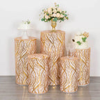Set of 5 Rose Gold Wave Mesh Cylinder Pedestal Stand Covers with Embroidered Sequins, Pillar Prop Covers - 160 GSM - Bell Racket Store