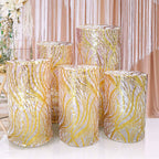 Set of 5 Rose Gold Wave Mesh Cylinder Pedestal Stand Covers with Embroidered Sequins, Pillar Prop Covers - 160 GSM - Bell Racket Store