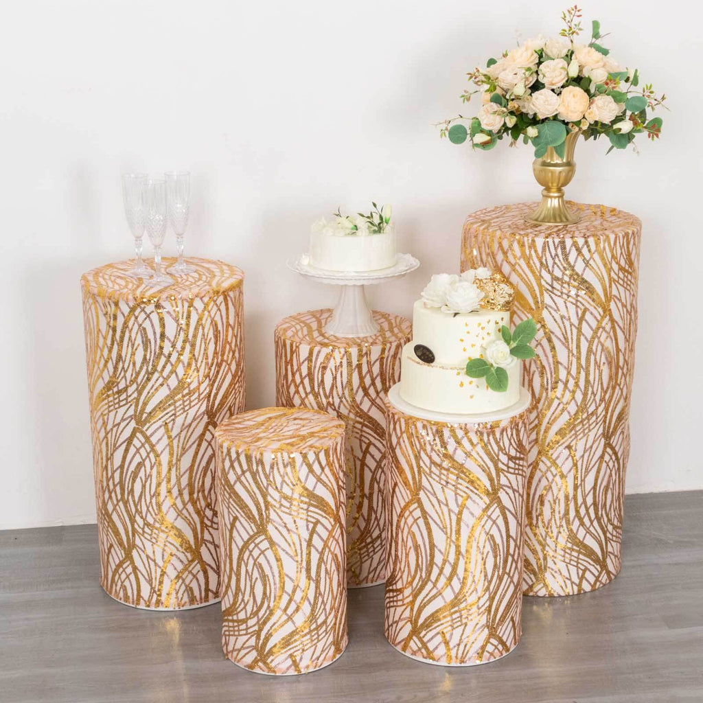 Set of 5 Rose Gold Wave Mesh Cylinder Pedestal Stand Covers with Embroidered Sequins, Pillar Prop Covers - 160 GSM - Bell Racket Store