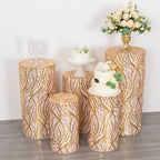Set of 5 Rose Gold Wave Mesh Cylinder Pedestal Stand Covers with Embroidered Sequins, Pillar Prop Covers - 160 GSM - Bell Racket Store