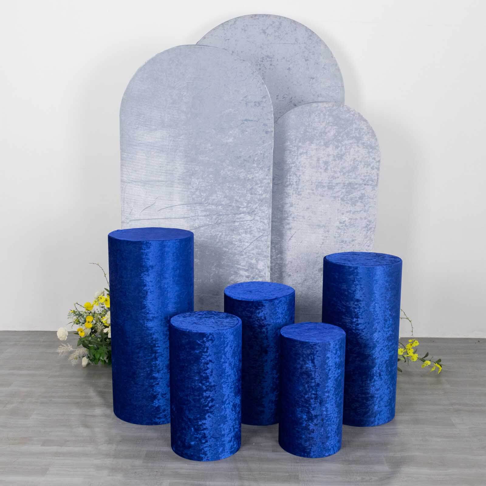 Set of 5 Royal Blue Crushed Velvet Cylinder Pedestal Stand Covers, Premium Pillar Prop Covers - Bell Racket Store