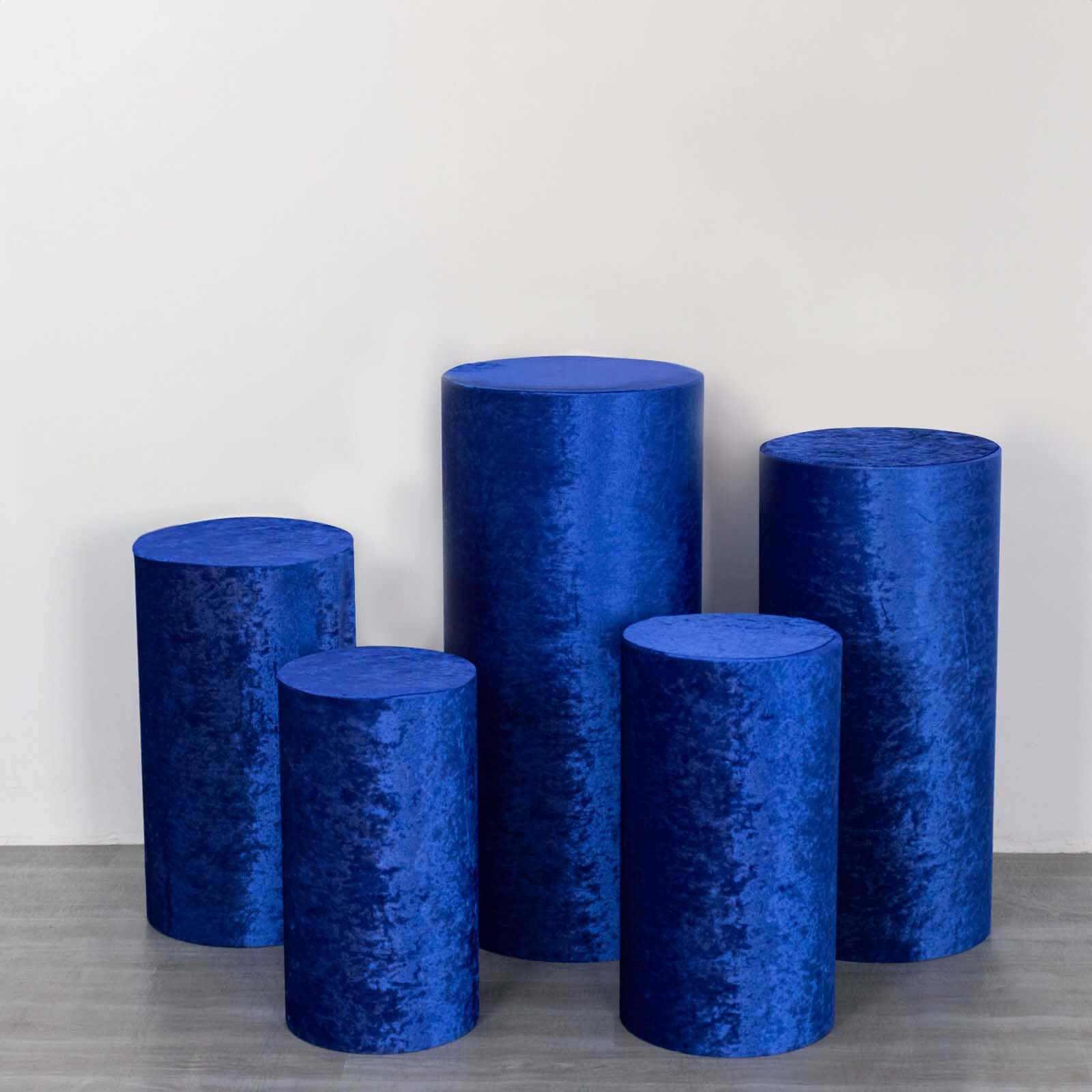Set of 5 Royal Blue Crushed Velvet Cylinder Pedestal Stand Covers, Premium Pillar Prop Covers - Bell Racket Store