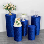 Set of 5 Royal Blue Crushed Velvet Cylinder Pedestal Stand Covers, Premium Pillar Prop Covers - Bell Racket Store