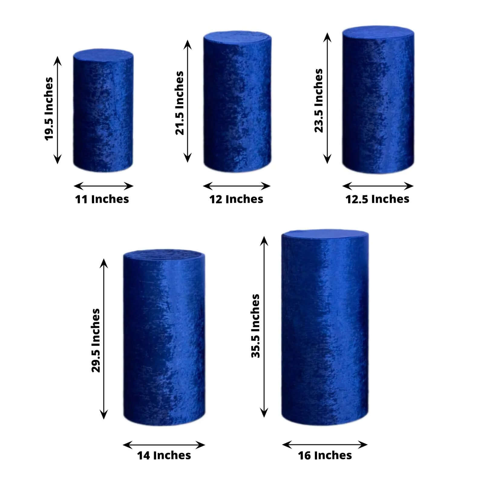 Set of 5 Royal Blue Crushed Velvet Cylinder Pedestal Stand Covers, Premium Pillar Prop Covers - Bell Racket Store