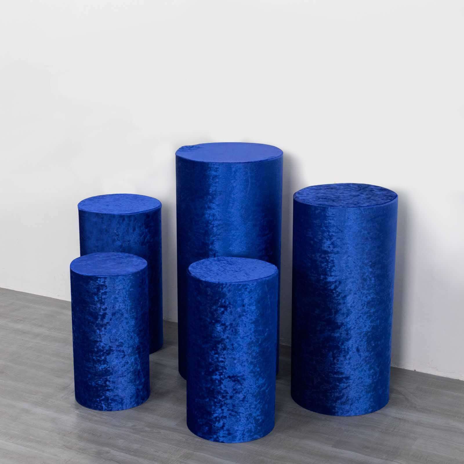 Set of 5 Royal Blue Crushed Velvet Cylinder Pedestal Stand Covers, Premium Pillar Prop Covers - Bell Racket Store