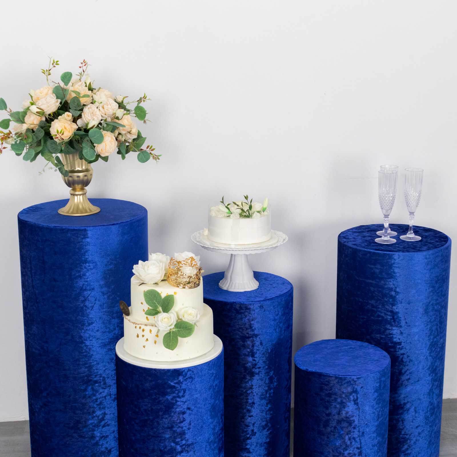 Set of 5 Royal Blue Crushed Velvet Cylinder Pedestal Stand Covers, Premium Pillar Prop Covers - Bell Racket Store
