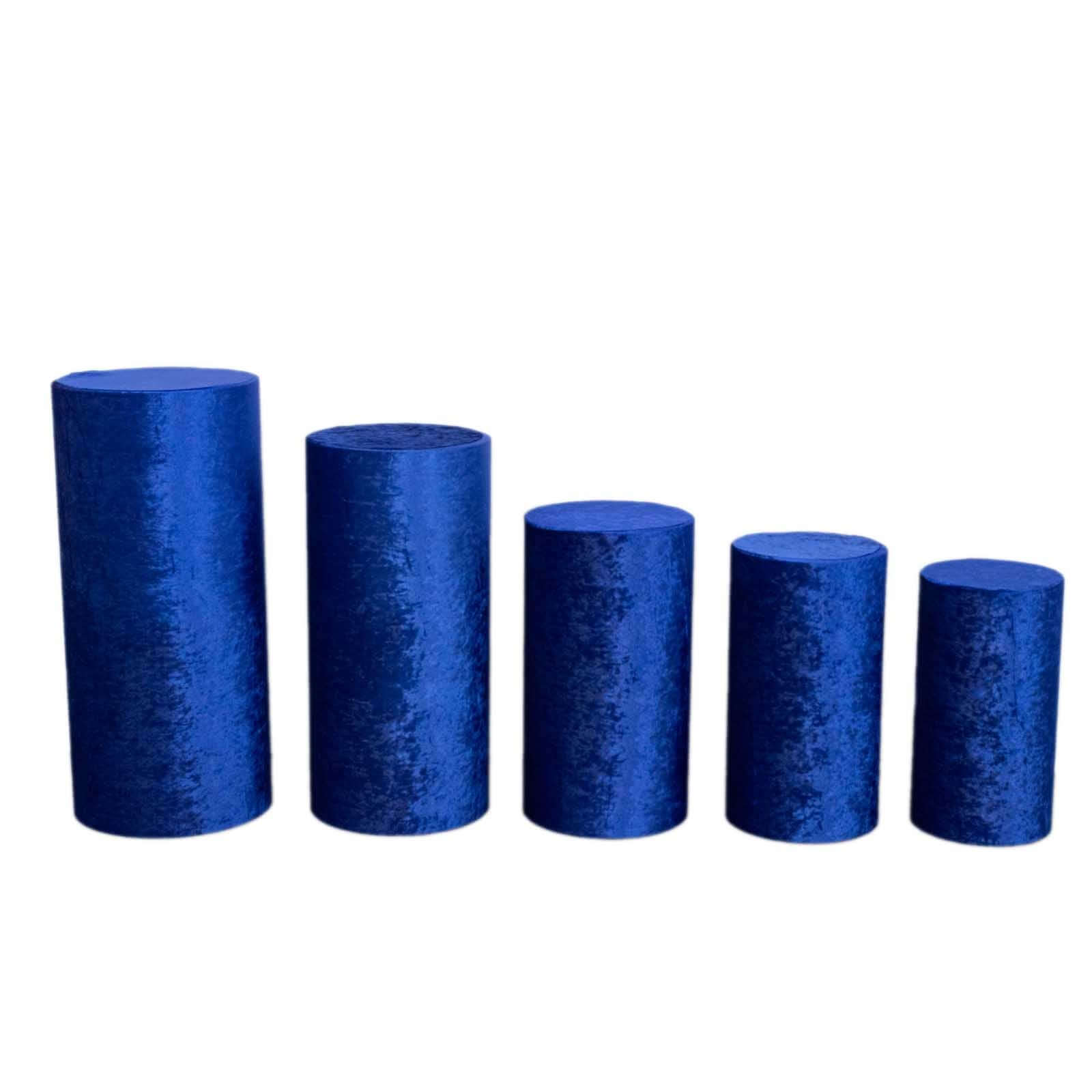 Set of 5 Royal Blue Crushed Velvet Cylinder Pedestal Stand Covers, Premium Pillar Prop Covers - Bell Racket Store