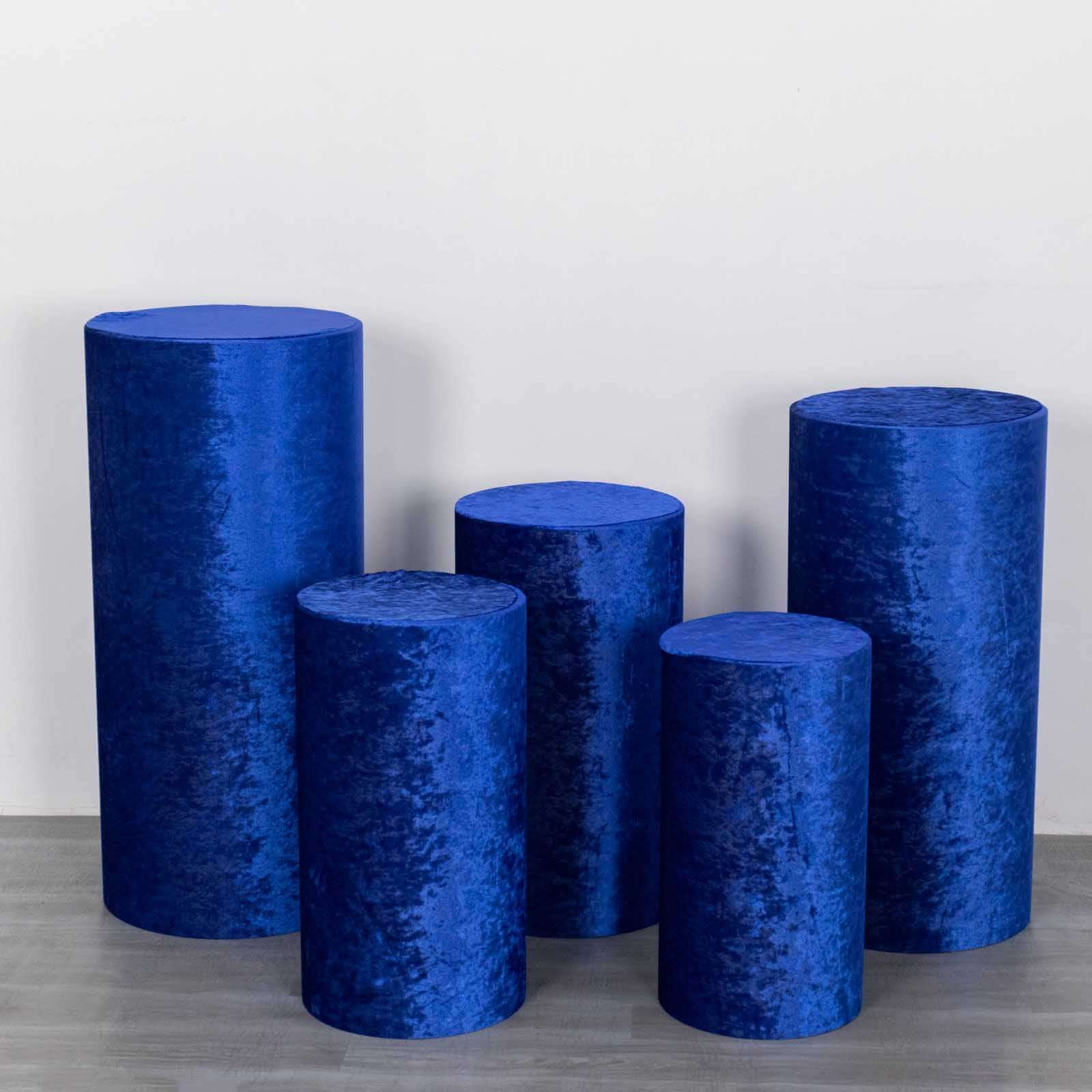 Set of 5 Royal Blue Crushed Velvet Cylinder Pedestal Stand Covers, Premium Pillar Prop Covers - Bell Racket Store