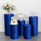 Set of 5 Royal Blue Crushed Velvet Cylinder Pedestal Stand Covers, Premium Pillar Prop Covers - Bell Racket Store