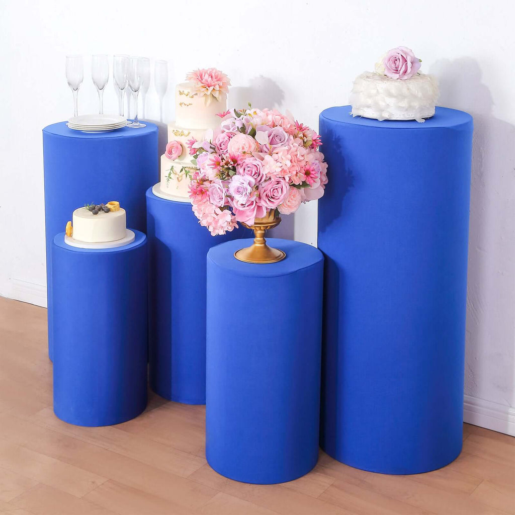Set of 5 Royal Blue Spandex Cylinder Pedestal Stand Covers, Stretchable Pillar Prop Covers - 160 GSM - Bell Racket Store