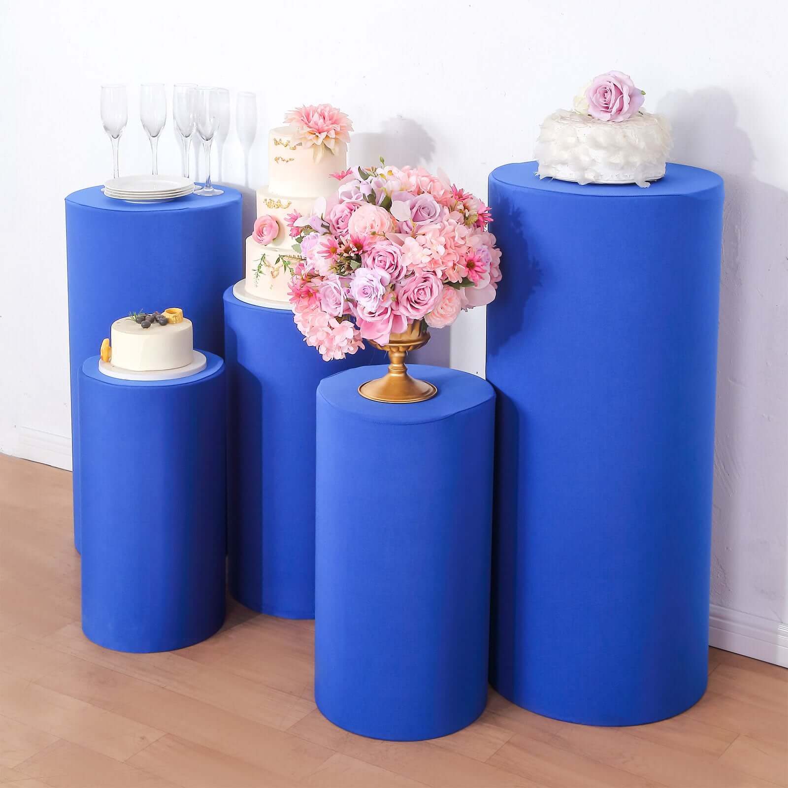 Set of 5 Royal Blue Spandex Cylinder Pedestal Stand Covers, Stretchable Pillar Prop Covers - 160 GSM - Bell Racket Store