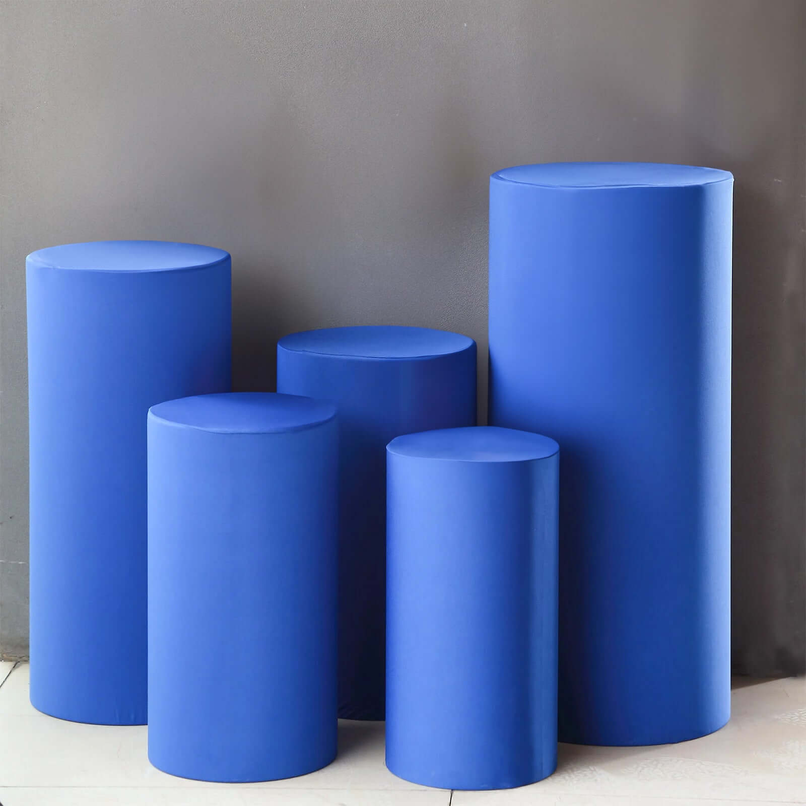 Set of 5 Royal Blue Spandex Cylinder Pedestal Stand Covers, Stretchable Pillar Prop Covers - 160 GSM - Bell Racket Store