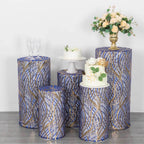 Set of 5 Royal Blue Wave Mesh Cylinder Pedestal Stand Covers with Embroidered Sequins, Pillar Prop Covers - 160 GSM - Bell Racket Store