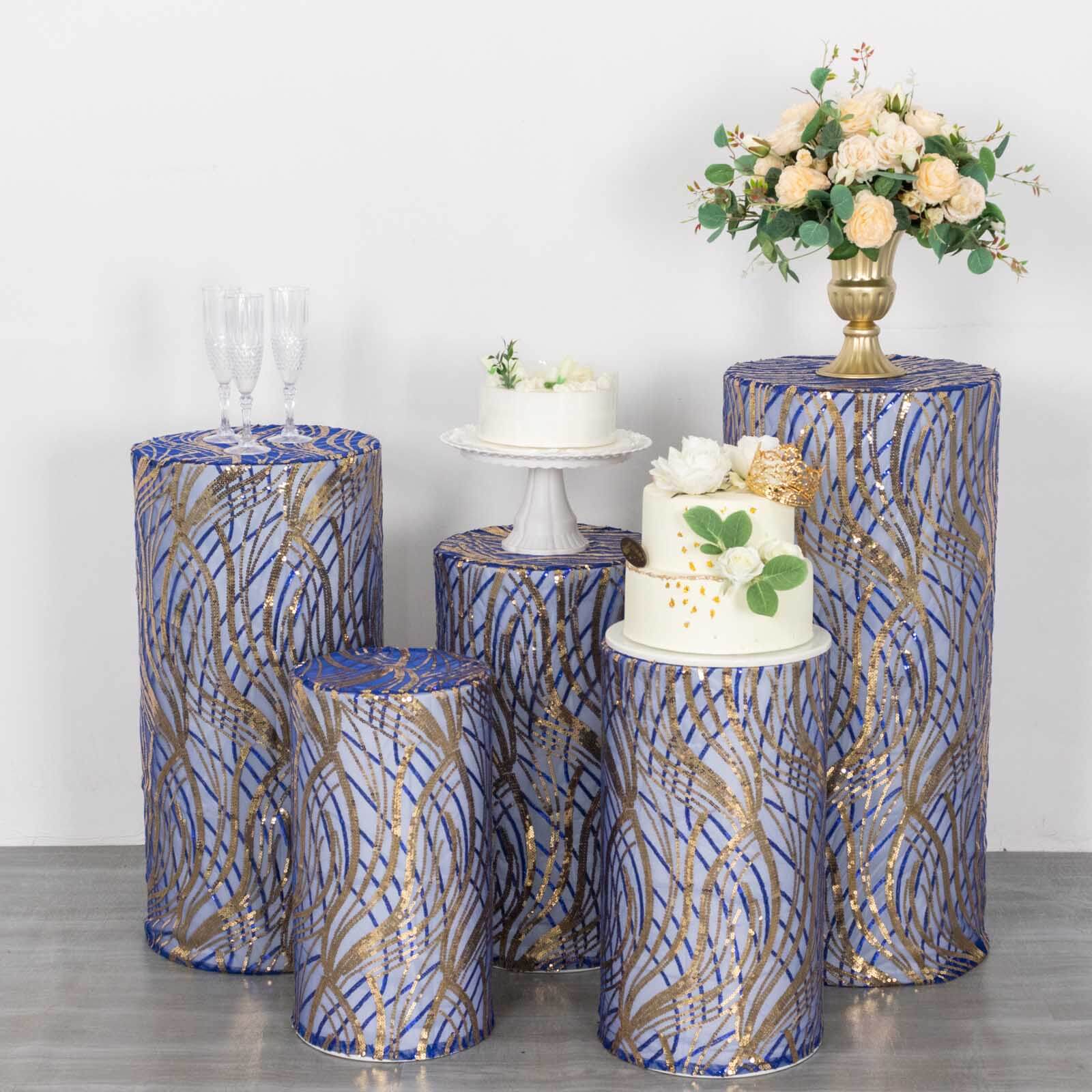 Set of 5 Royal Blue Wave Mesh Cylinder Pedestal Stand Covers with Embroidered Sequins, Pillar Prop Covers - 160 GSM - Bell Racket Store