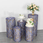 Set of 5 Royal Blue Wave Mesh Cylinder Pedestal Stand Covers with Embroidered Sequins, Pillar Prop Covers - 160 GSM - Bell Racket Store