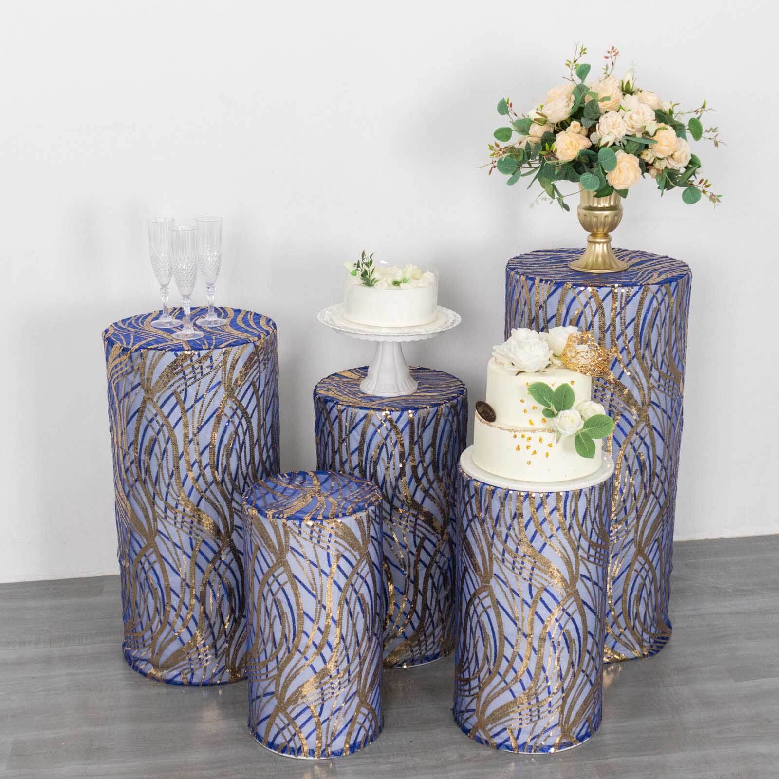 Set of 5 Royal Blue Wave Mesh Cylinder Pedestal Stand Covers with Embroidered Sequins, Pillar Prop Covers - 160 GSM - Bell Racket Store