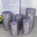 Set of 5 Royal Blue Wave Mesh Cylinder Pedestal Stand Covers with Embroidered Sequins, Pillar Prop Covers - 160 GSM - Bell Racket Store