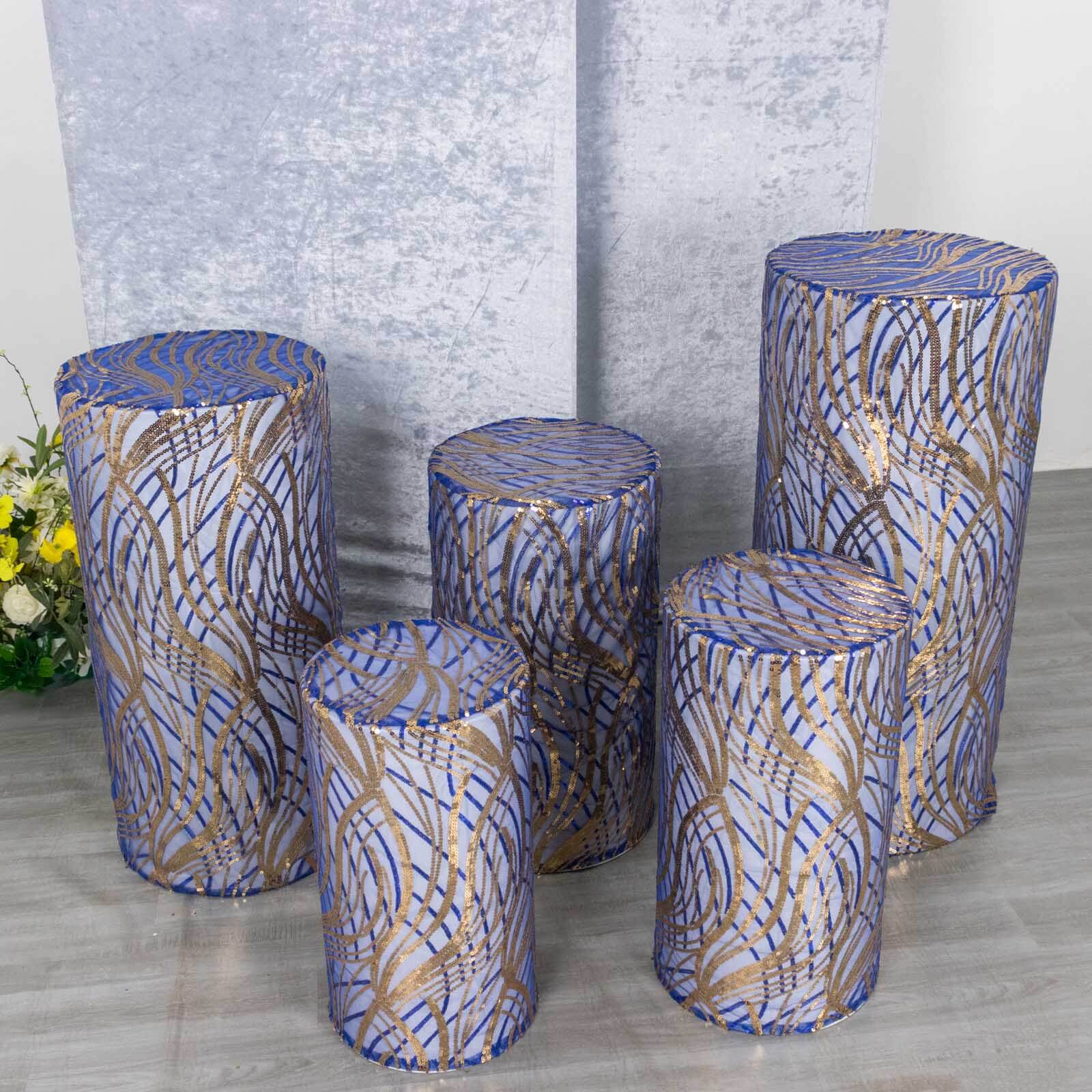 Set of 5 Royal Blue Wave Mesh Cylinder Pedestal Stand Covers with Embroidered Sequins, Pillar Prop Covers - 160 GSM - Bell Racket Store