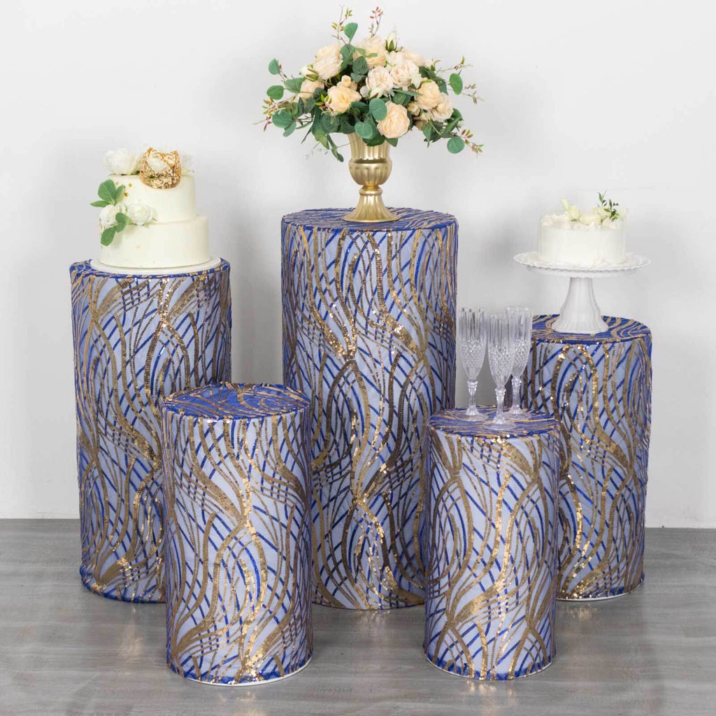 Set of 5 Royal Blue Wave Mesh Cylinder Pedestal Stand Covers with Embroidered Sequins, Pillar Prop Covers - 160 GSM - Bell Racket Store