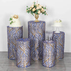 Set of 5 Royal Blue Wave Mesh Cylinder Pedestal Stand Covers with Embroidered Sequins, Pillar Prop Covers - 160 GSM - Bell Racket Store